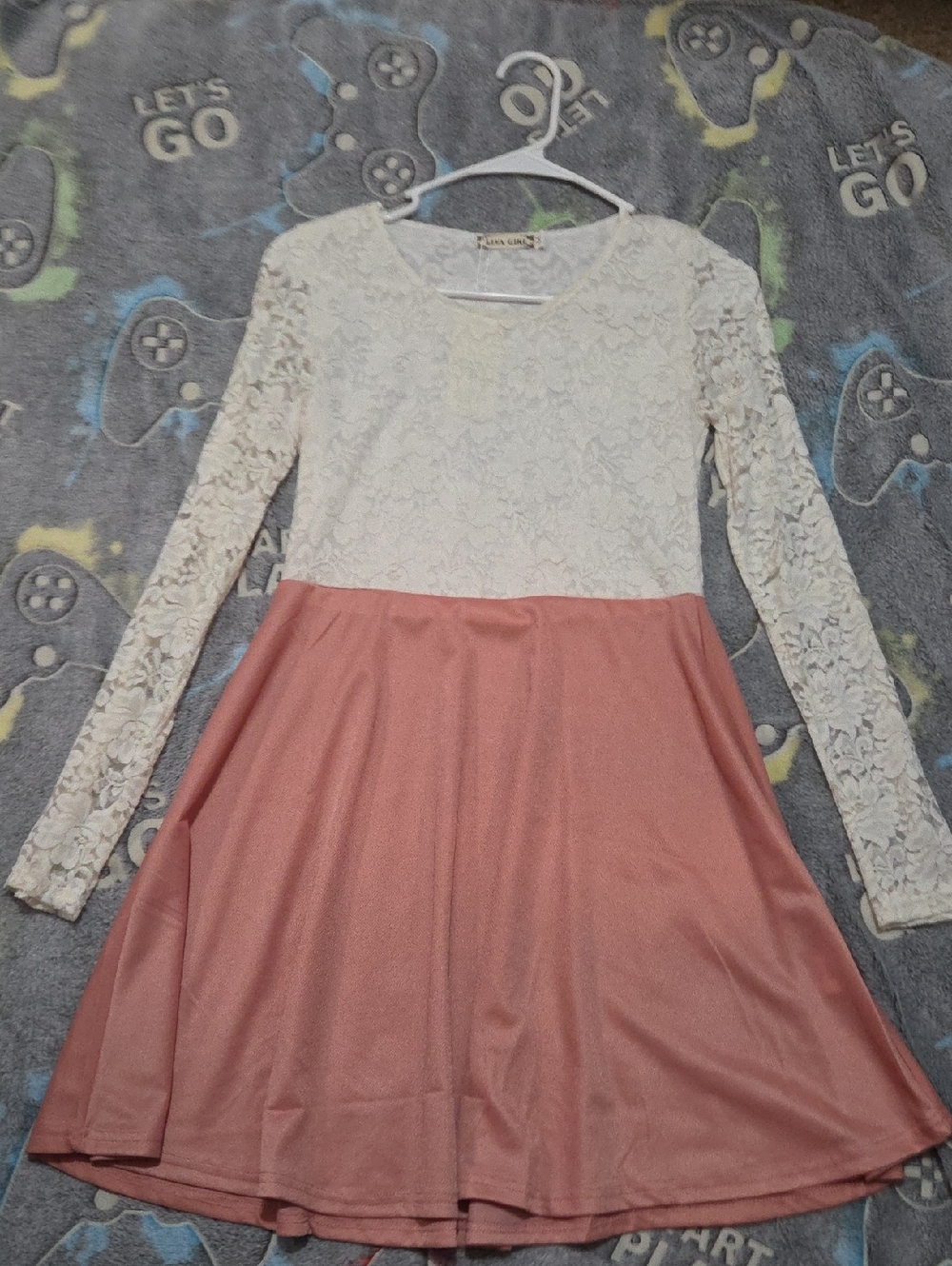 Girls Lace Bodice Long Sleeve Dress in Cream and Dusty Rose